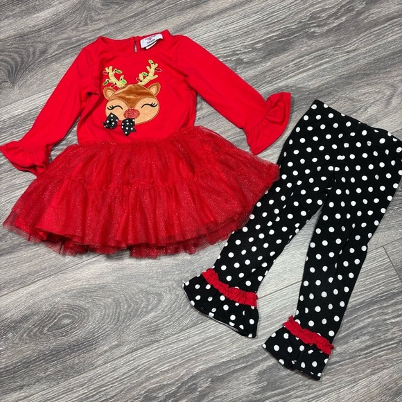 Red Reindeer Tutu Dress with Polka Dot Leggings 3T 270 - Picture 1 of 9